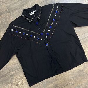 Gitano Vintage Button Shirt‎ Women Size Medium Black Beaded Shoulder Pads (206)